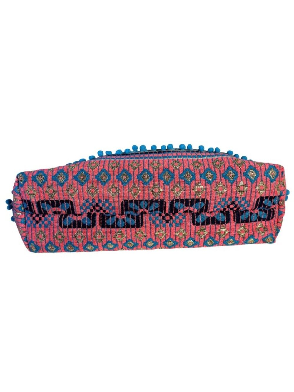 Woven Tote With Beaded Pineapple Wooden Circular Handles Colorful Fabric Lining - Picture 3 of 16